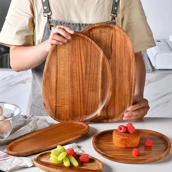 Assiette de service naren bois d'acacia, assiette Deseert, Tenica, Thé naturel, Serveur d'aliments, Plats à cliquetis, Assiette de service alimentaire, 1PC