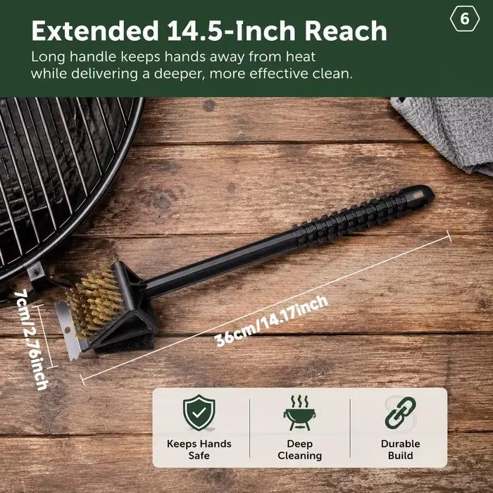 Brosse de nettoyage 3-en-1 pour barbecue avec grattoir et tampon de nettoyage, poils en cuivre, manche long, pour grilles à gaz et charbon de bois