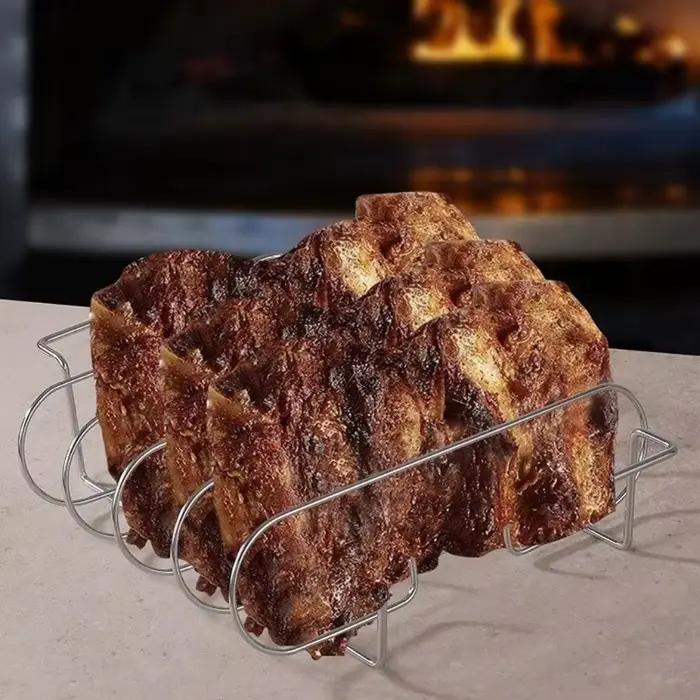Supports à côtes de bœuf portables antiadhésifs extra longs en acier au carbone pour barbecue et pique-nique en extérieur