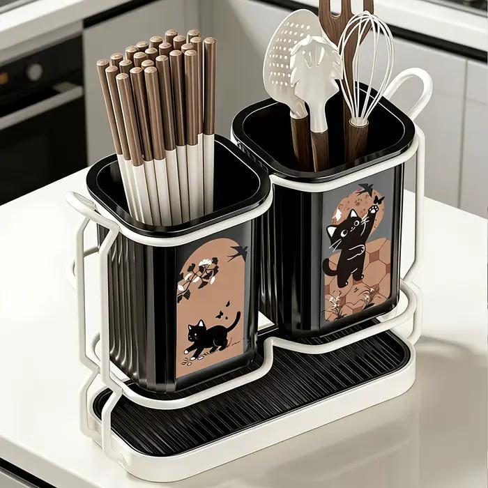 Support de rangement en acier au carbone pour ustensiles de cuisine, motif chat mignon, pour comptoir, amovible, pour couteaux, fourchettes, cuillères et baguettes de cuisine quotidiennes