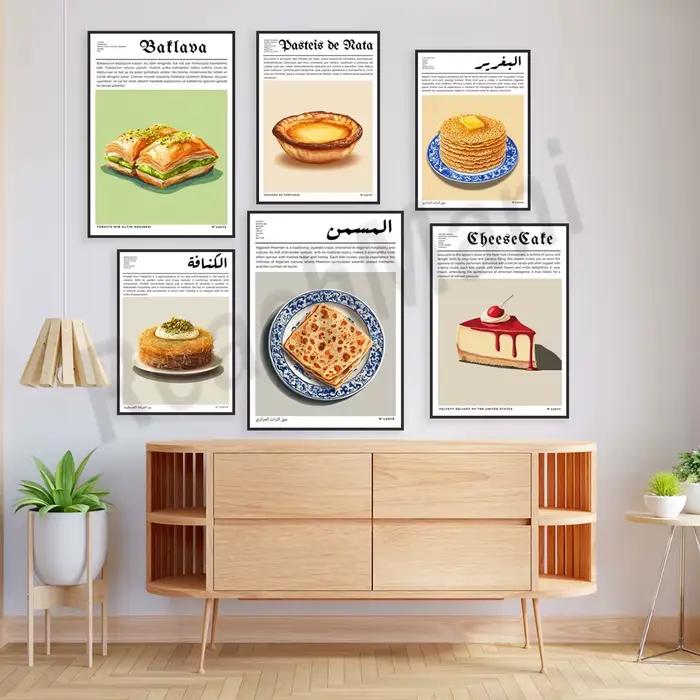 Baklava turque, tarte aux œufs portugais, croissant français, cheesecake américain, algérie, impression de voyage du moyen-orient, affiche de cuisine