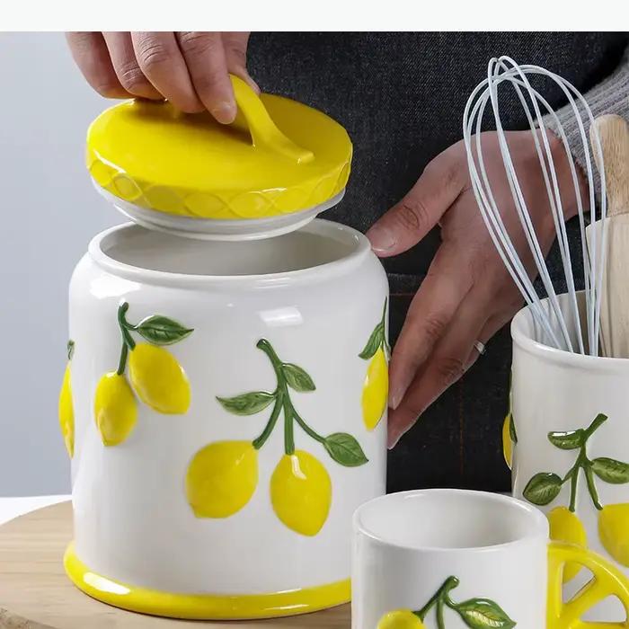 Pot de rangement en céramique motif citron, hermétique et anti-humidité, pour fruits secs, céréales et autres produits, outil de rangement domestique