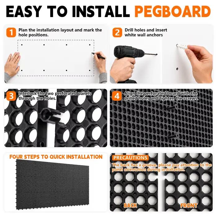 Kit d'organisation murale en plastique, 4 panneaux noirs 61 x 40 cm, 56 accessoires avec crochets, pinces et supports, rangement modulaire pour outils