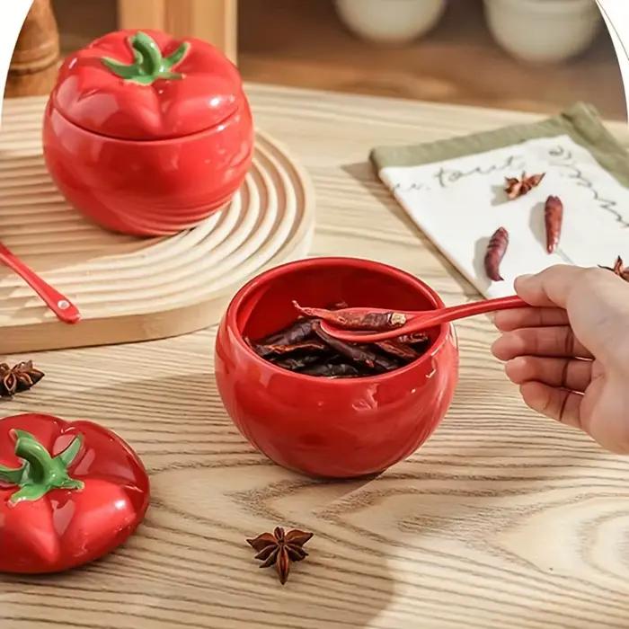 Sucrier tomate pot à épices en céramique pot de stockage avec cuillère cuisine Table à manger récipient d'assaisonnement noël maison décorative