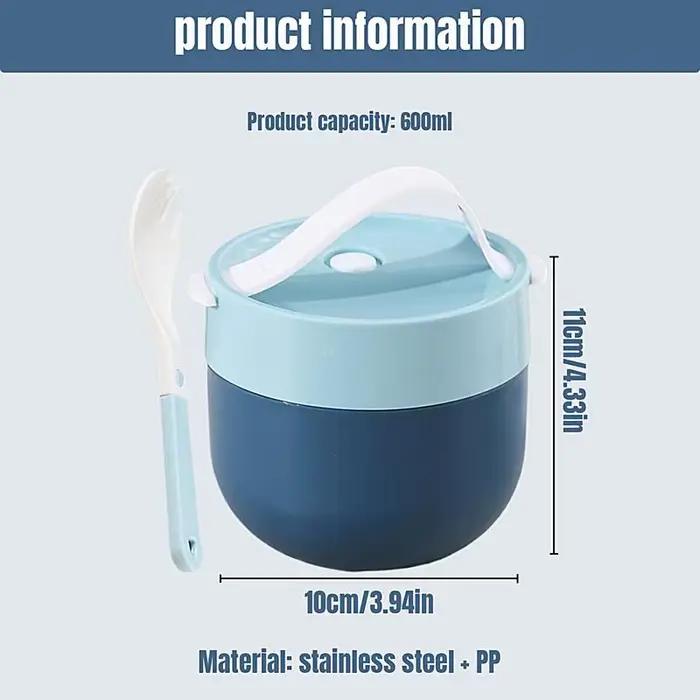 Pot thermique alimentaire de 600ml, tasse à soupe isolée étanche, conteneurs Thermos, boîte à déjeuner en acier inoxydable avec cuillère, garde au chaud
