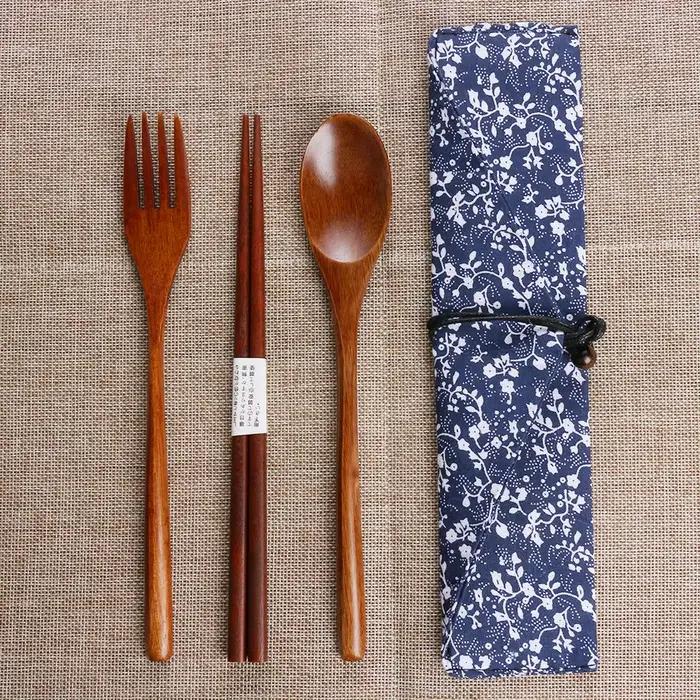 Couverts en bois de Style japonais, cuillères, fourchettes, baguettes, vaisselle Portable, vaisselle de voyage, costume avec paquet de tissu, cadeau d'anniversaire