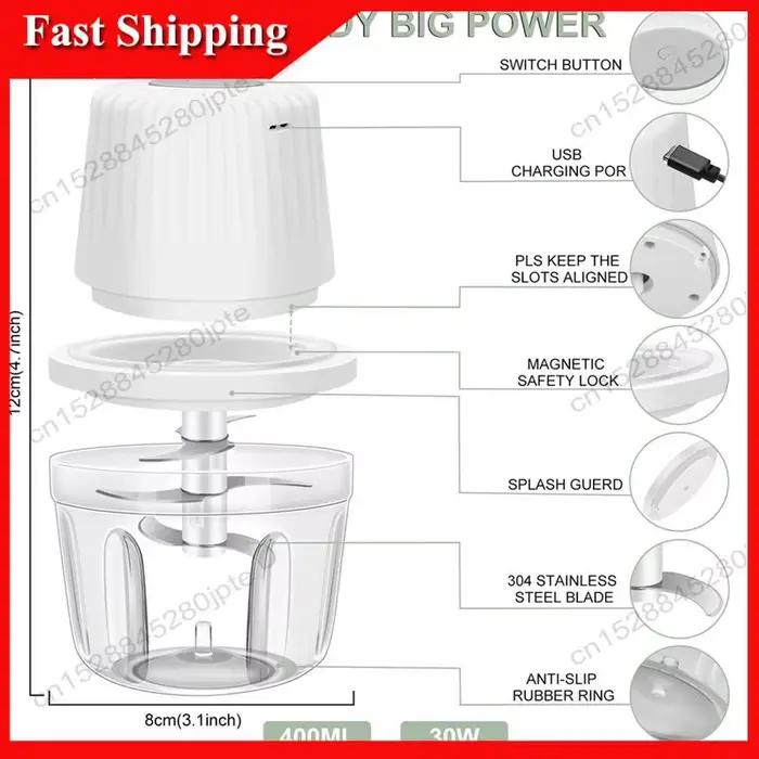 Hachoir à ail électrique 400ml avec 6 lames tranchantes pour légumes, viande, oignon et noix, étanche, rechargeable par USB, idéal pour la cuisine, les voyages et les pique-niques