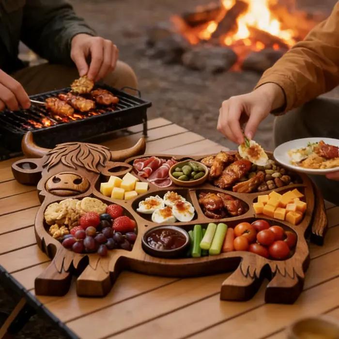 Planche à charcuterie en bois naturel motif vache des Highlands plateau rustique pour service de fromage fruit et amuse-gueules occasions spéciales et quotidienne