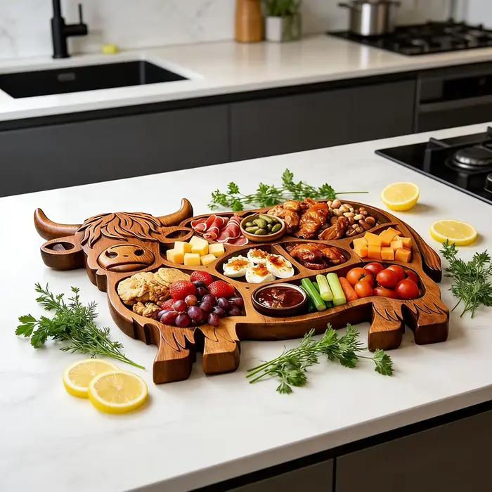 Planche de charcuterie en bois Plateau de fromage de viande de ferme rustique Highland-Cow Design Plateau de service artisanal en bois naturel Prêts de pique-nique