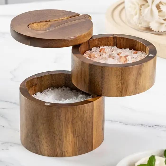 Pot d'assaisonnement en bois, salière à poivre, boîte d'assaisonnement de grande capacité avec cuillère, couvercle rotatif magnétique, rangement de cuisine