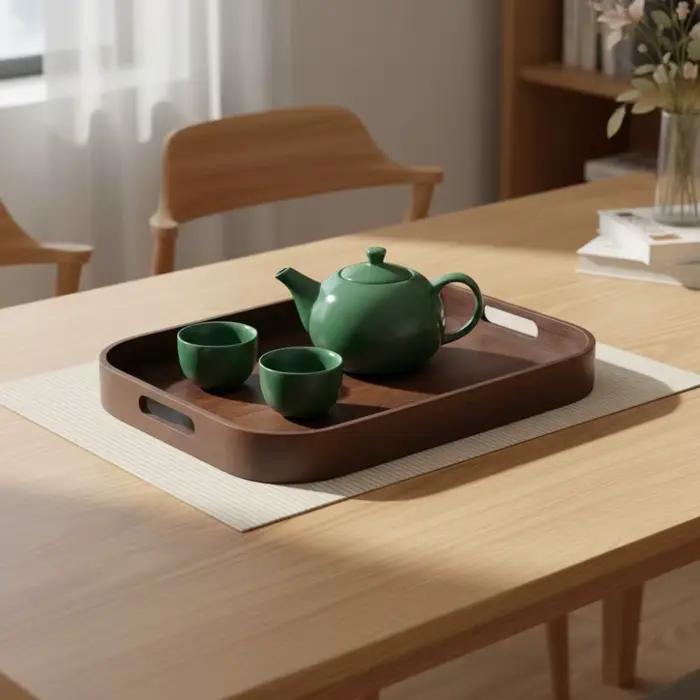 Plateau à thé rectangulaire en porcelaine poli avec poignée ajourée pour petit-déjeuner et service de thé occasions spéciales
