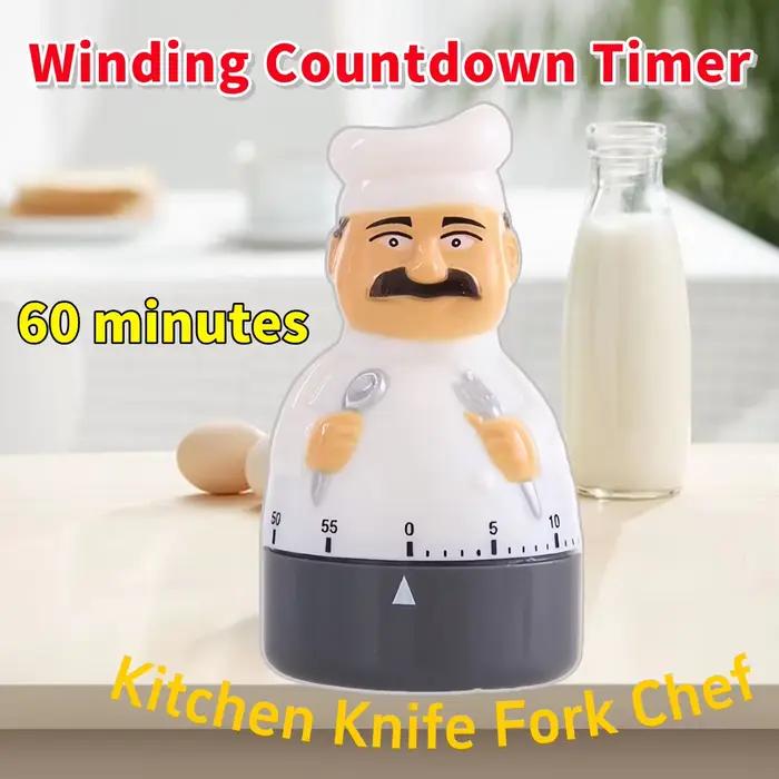 Minuteur de cuisine à cadran rotatif 60 minutes pour couteau, fourchette, chef, cuisson, pâtisserie, friture, avec alarme et rappel de temps