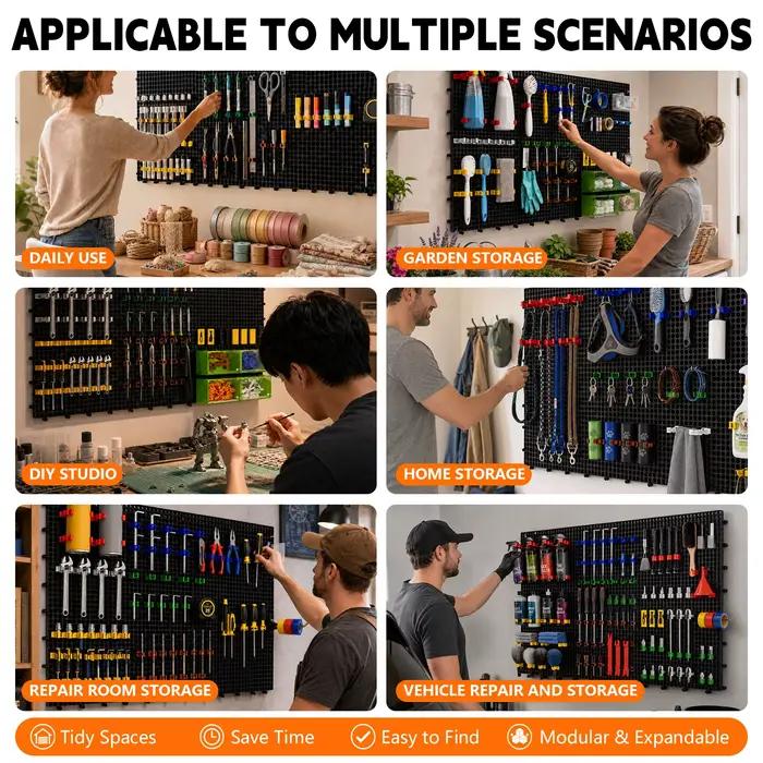 Kit d'organisation murale en plastique perforé, 6 panneaux noirs 91 x 40 cm, 200 accessoires avec crochets, pinces et supports, rangement modulaire pour outils