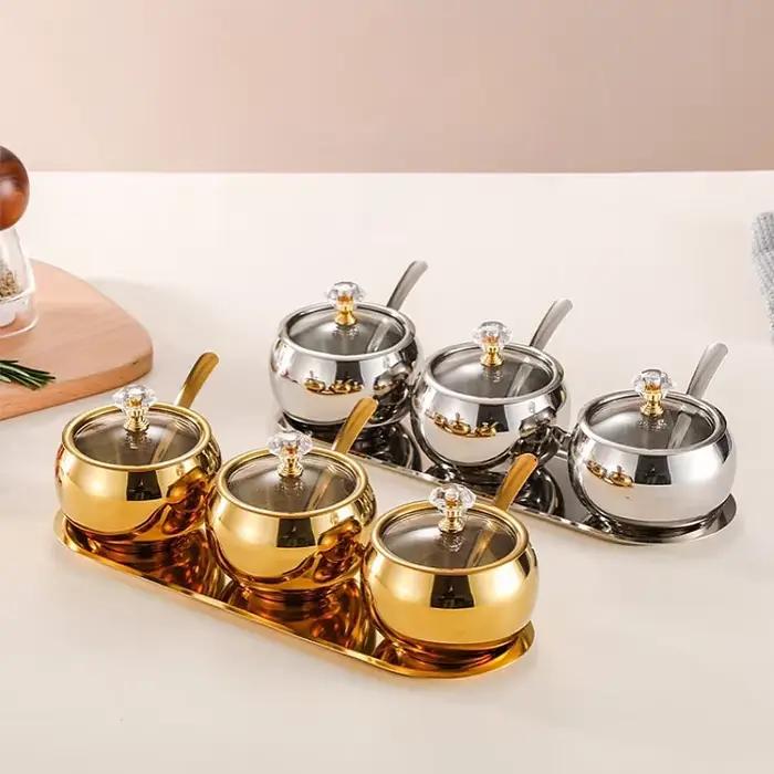 Pots à condiments de cuisine domestique en or et argent, pour servir sucre, poivre, sel, épices, bol à sucre en acier inoxydable avec couvercle et cuillère