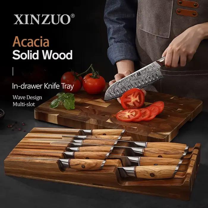 XINZUO bois d'acacia 11 fentes dans le tiroir plateau à couteaux universel bloc de couteaux étagère outil de rangement couverts organisateur porte-couteau