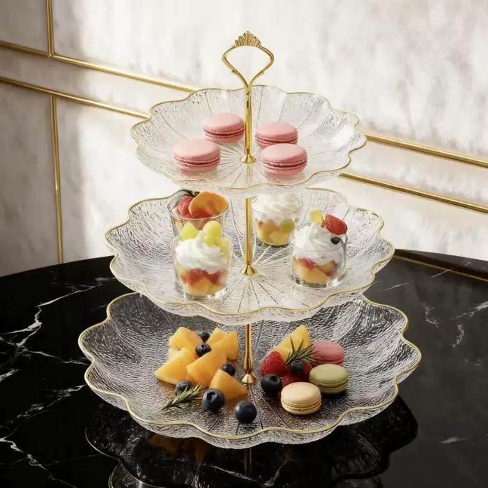 Plateau à Dessert à trois couches en feuille de Lotus, plateau créatif pour salon, maison, thé de l'après-midi, bonbons, gâteaux aux fruits, fête, Restaurant