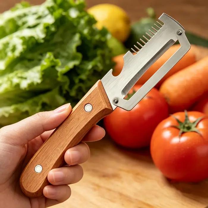 Éplucheur de légumes multifonctionnel en bois 2026 avec poignée ergonomique pour éplucher et trancher les fruits et légumes, durable et lisse