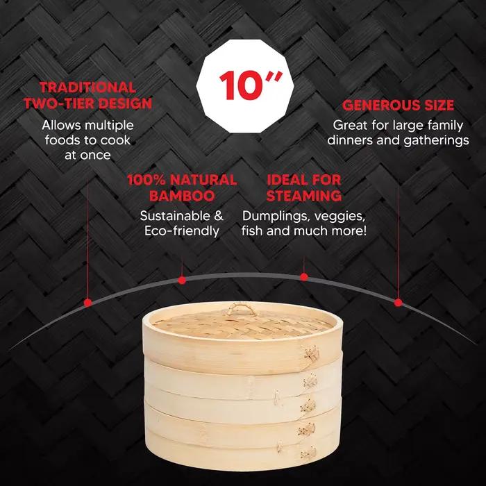 Cuiseur vapeur alimentaire en bambou de 10 pouces avec couvercle, bambou 100% naturel, panier vapeur pour la cuisson des boulettes, Dim Sum, légumes, viande de poisson