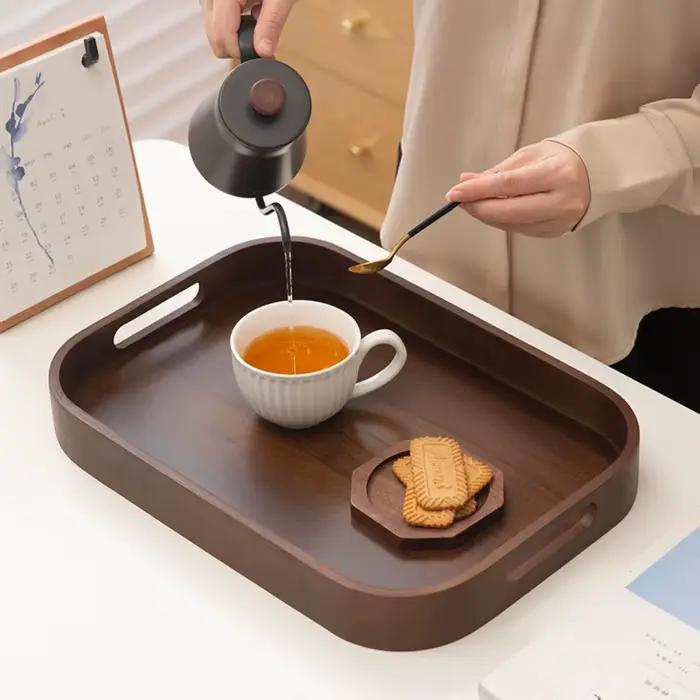 Plateau à thé rectangulaire en porcelaine poli avec poignée ajourée pour petit-déjeuner et service de thé occasions spéciales