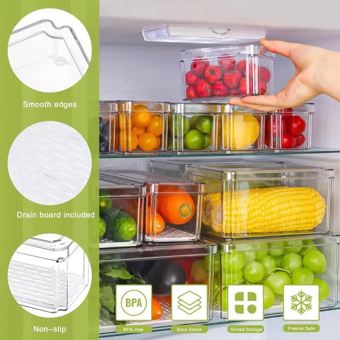 Nouveau bac organisateur de réfrigérateur empilable, boîte de stockage des aliments avec poignée, garde-manger en plastique transparent, outil d'organisation de congélateur de nourriture
