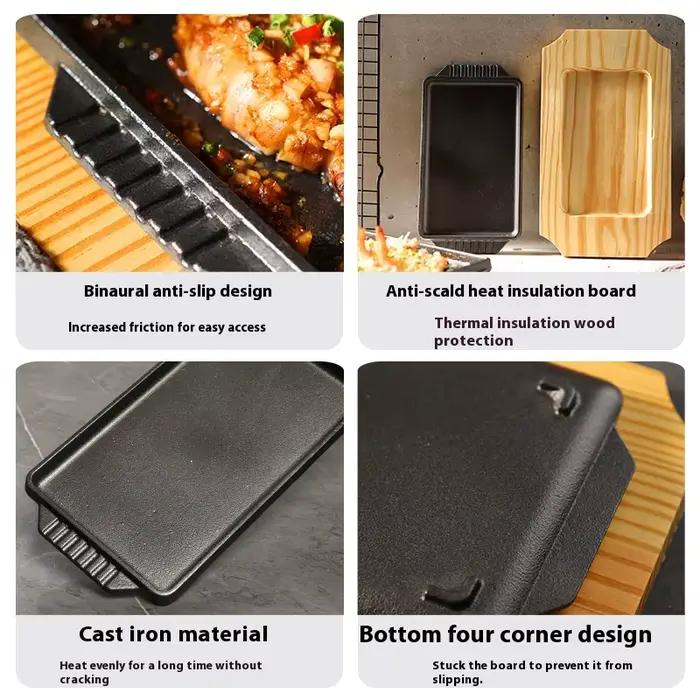 Plaque de cuisson Teppanyaki en fonte rectangulaire avec base en bois pour steak, poisson, barbecue, usage commercial et domestique