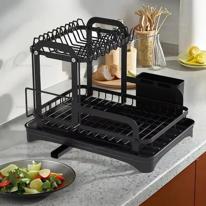 Égouttoir à vaisselle de cuisine avec panier de drainage et plateau de séchage