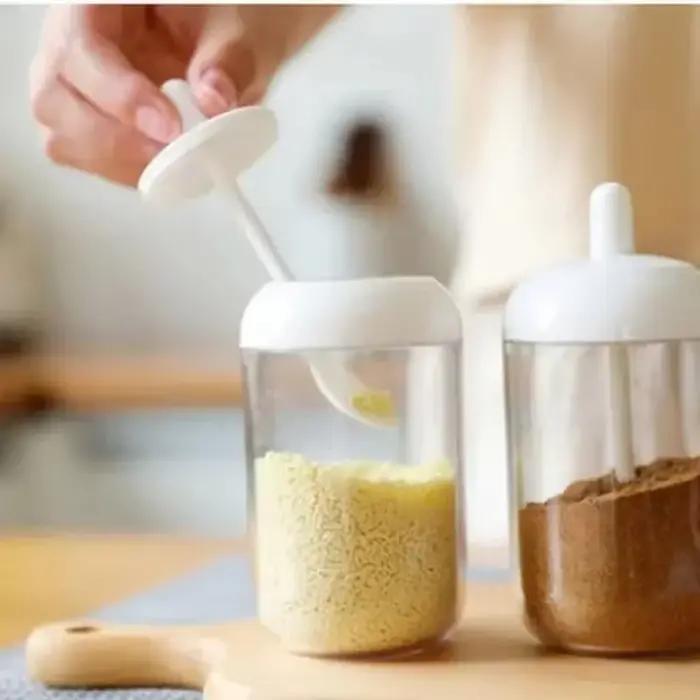 Pot à épices rond avec couvercle, cuillère, bouteille d'assaisonnement, boîte à condiments, boîte scellée, organisateur de cuisine