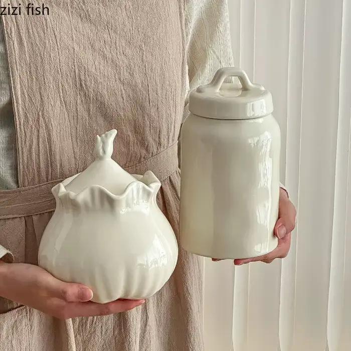 Récipient de rangement en céramique blanc laiteux pour cuisine, pot à céréales, bouteille de rangement, pot à bonbons, boîte de rangement, pot à fruits secs
