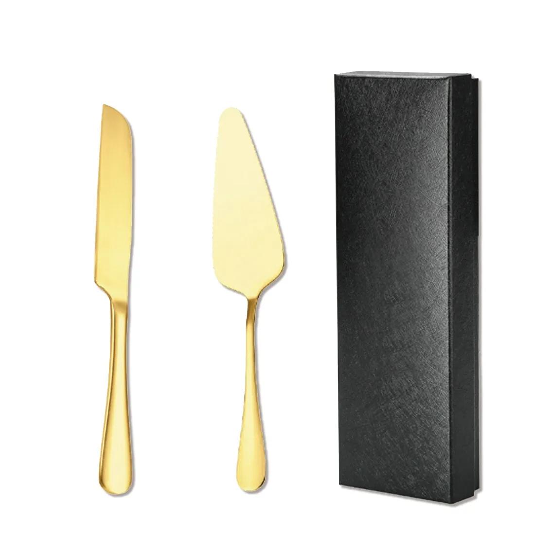 Ensemble de couteaux à gâteau gravés personnalisés en or, motif cœur, acier inoxydable, ustensiles d