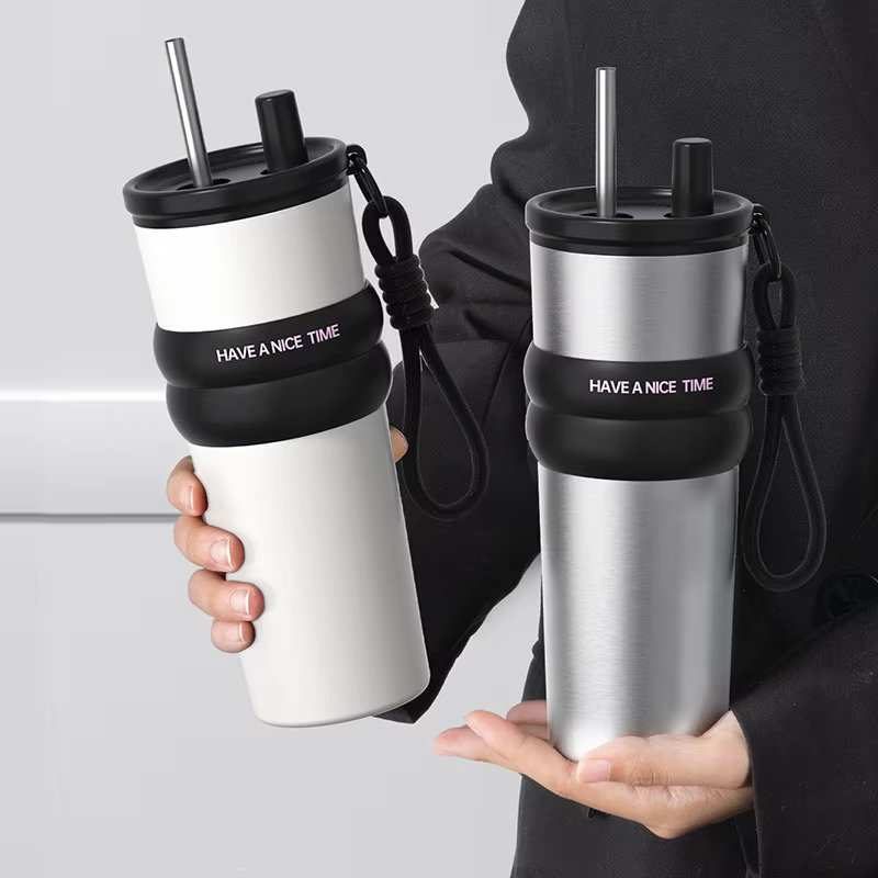 Bouteille isolée sous vide en acier inoxydable avec paille, Thermos anti-fuite pour chaud et froid,