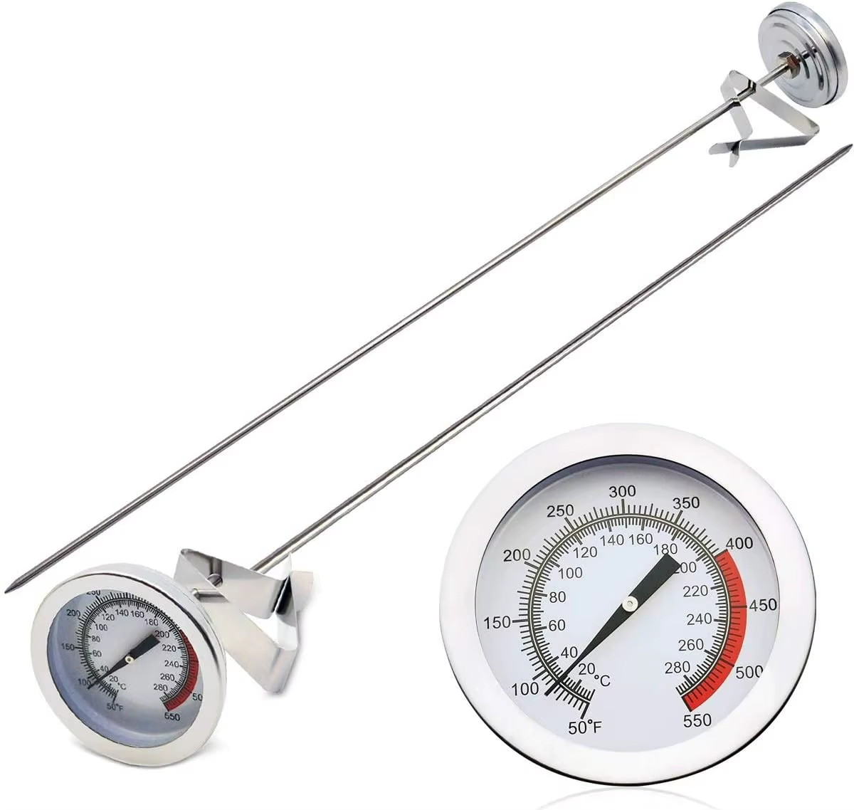 Thermomètre de friture en acier inoxydable 50-550 ° Jauge de température d'huile F avec clip – Sans 