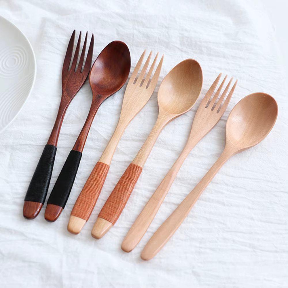 Cuillère et fourchette en bois naturel, 2 pièces, queKit soupes de riz, ustensile céréales fait à la