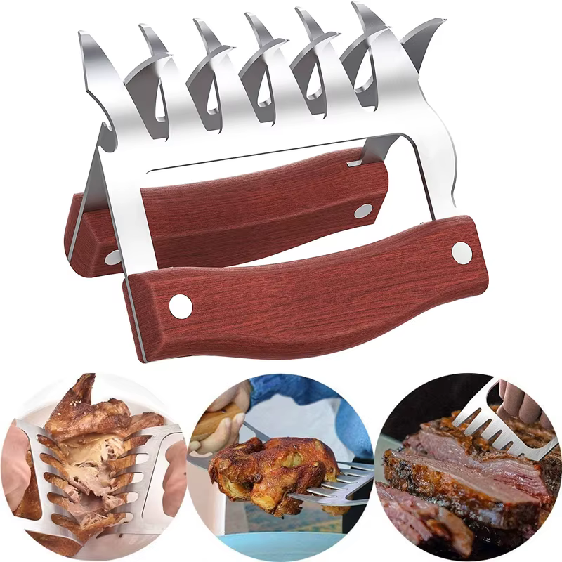LMETJMA griffes d'ours en acier inoxydable BBQ viande broyeur griffes avec manche en bois ouvre-bout