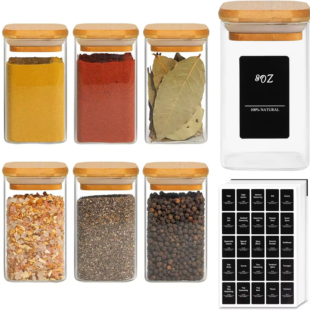 Bocaux à épices en verre avec couvercle en bambou, contenants carrés hermétiques de 8 oz avec étique