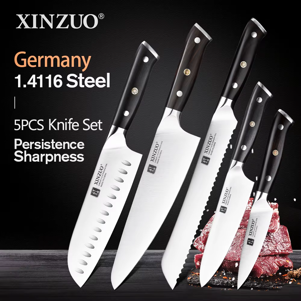 XINZUO 1 pièce-5 pièces ensemble de couteaux de cuisine allemand 1.4116 acier Chef couperet Santoku