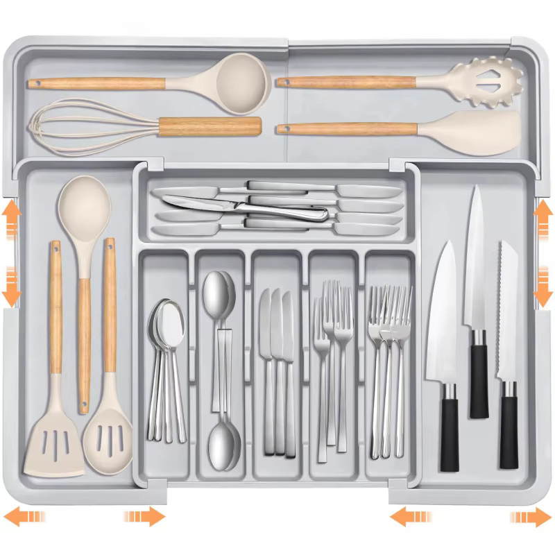 Organisateur de tiroir de cuisine extensible gris avec 9 compartiments, grande boîte de rangement po