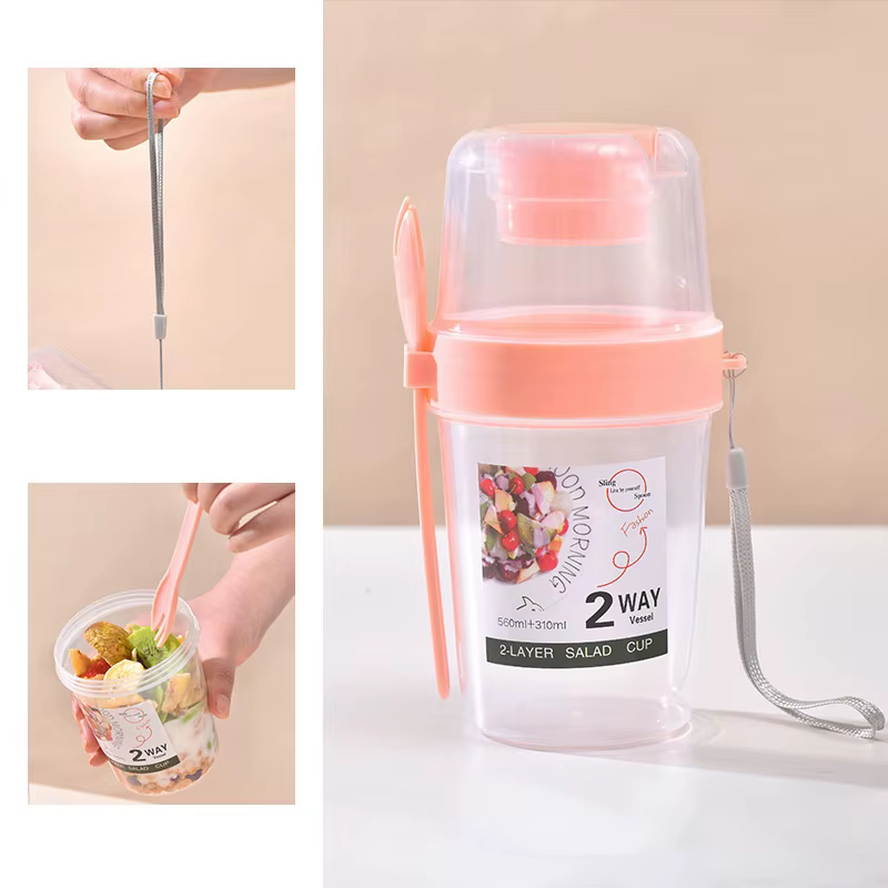 Tasse à salade portable à double couche avec fourchette, céréales, noix, yaourt, ensemble de contene
