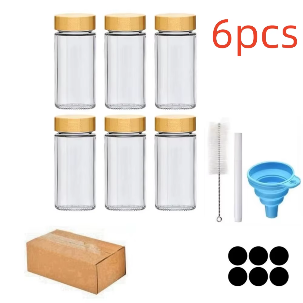 Pots à épices en verre avec couvercles en bambou ou couvercles métalliques, étiquettes autocollantes