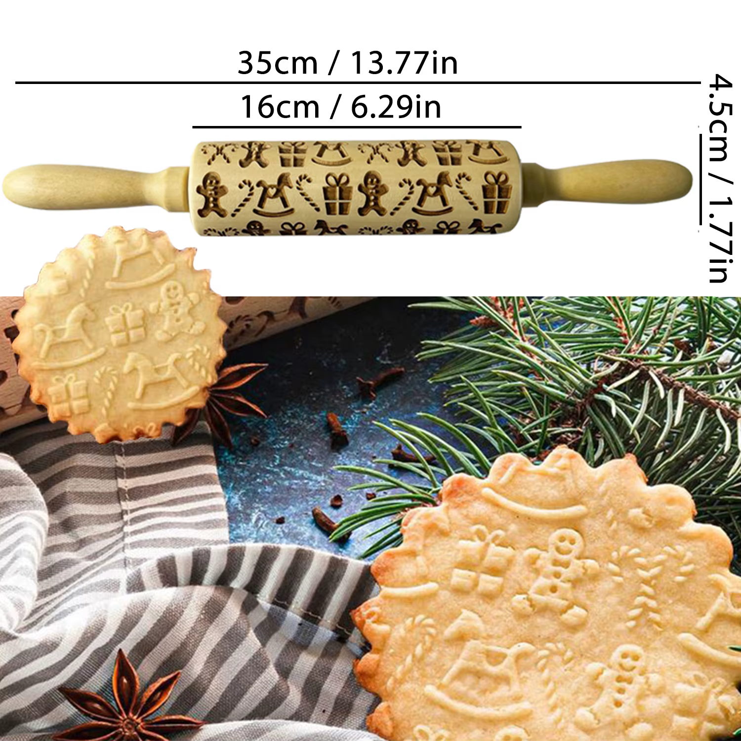 Rouleau à pâtisserie en bois pour Noël, rouleaux à roulettes gravés en 3D avec motif de fleur de ren