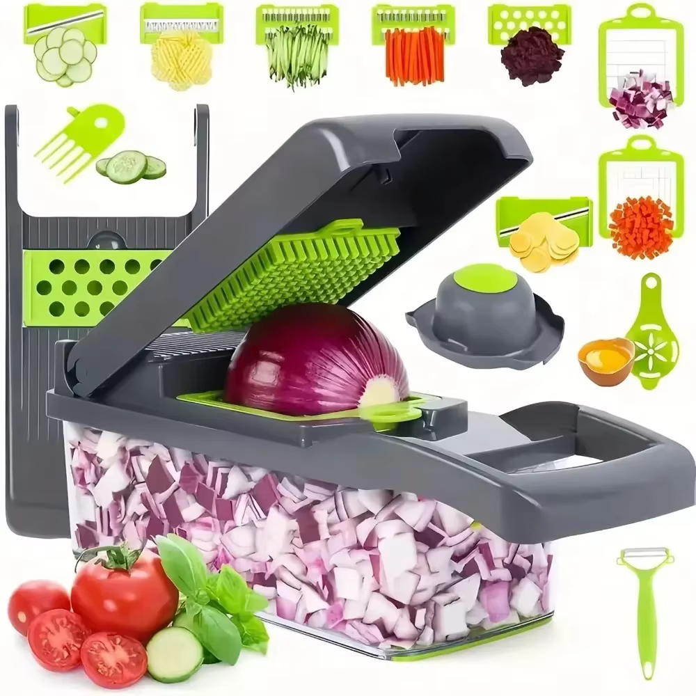 Hachoir à Légumes Multifonctionnel avec Poignée, Râpe Alimentaire, Trancheur, D479, Coupe 14/16 en 1