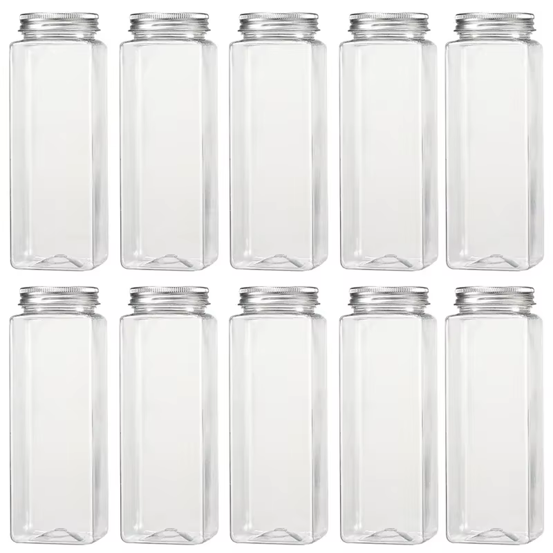 Pots en plastique transparent avec couvercle en aluminium, bouteilles carrées en l'horloge, beaucoup