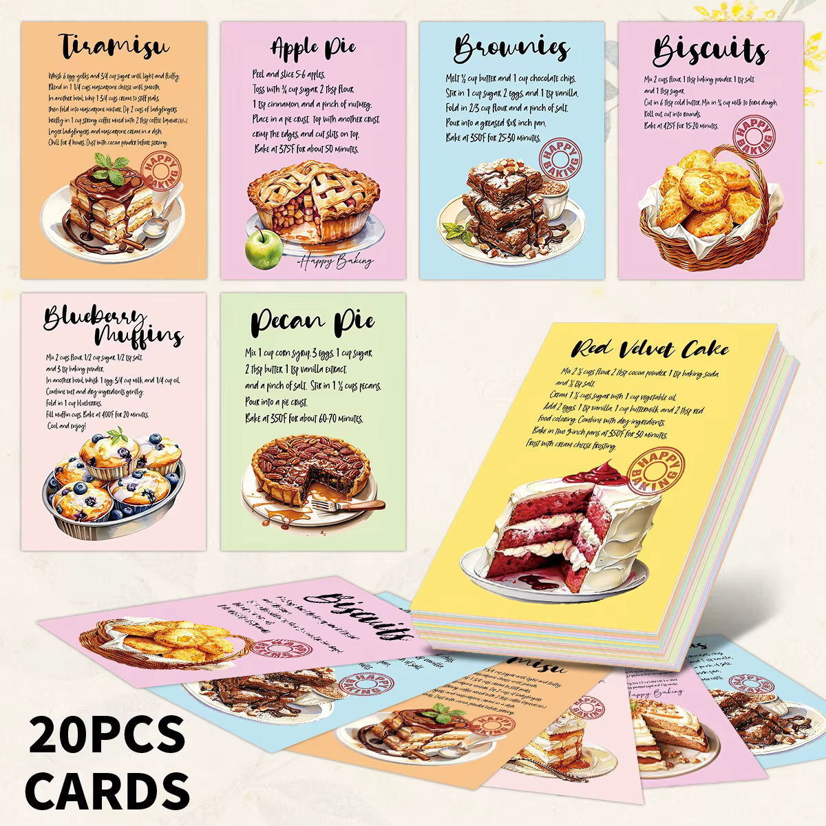 20 cartes de recettes de desserts, cartes de cuisine portables de poche pour la pâtisserie à la mais