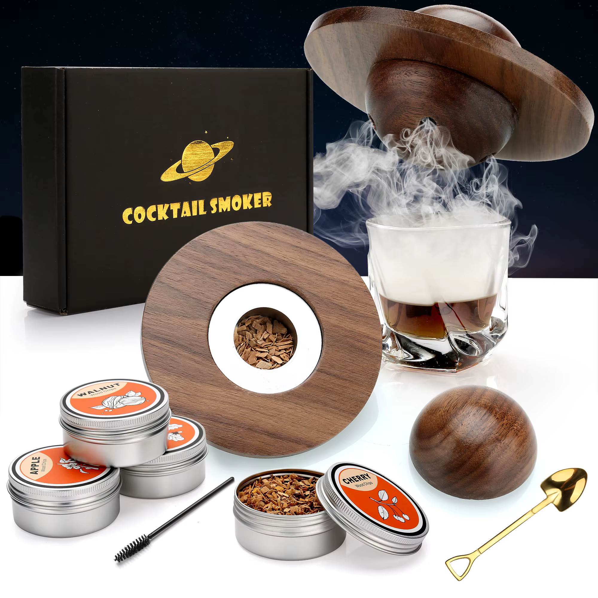Kit de fumeur de Cocktail avec plateau en verre, avec 4 copeaux de bois, accessoires de barman pour 