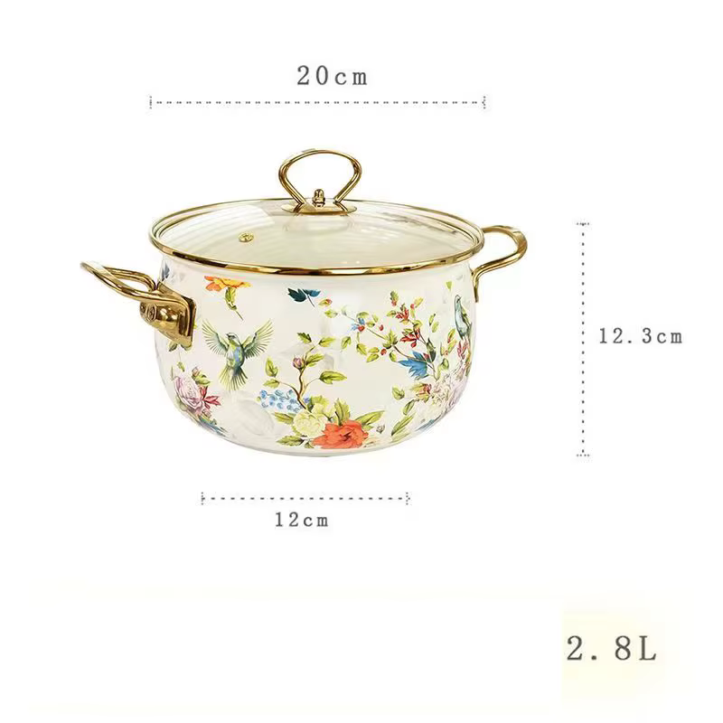 Pot à soupe en émail, ustensiles de cuisine délicats, fleur rétro, Double poignée, marmite à ragoût