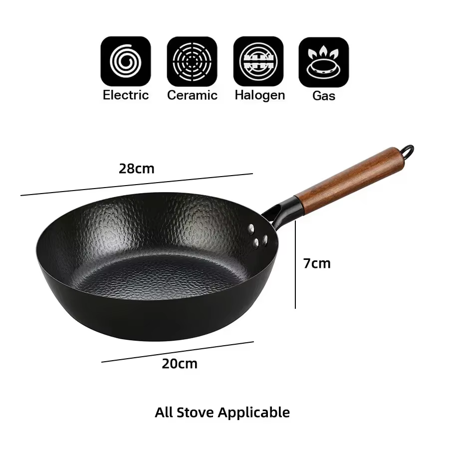 Poêle à Wok antiadhésive de 28cm, poêle en fer non revêtue, marmite à Steak, poêle à crêpes, cuisini