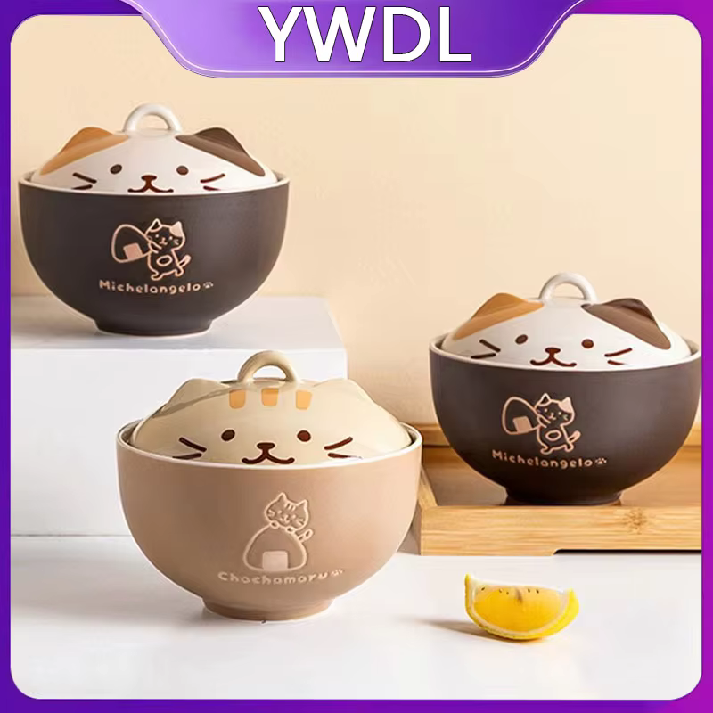 Bol à nouilles instantanées en céramique YWDL 550 ml avec couvercle, motif chat de dessin animé, cou
