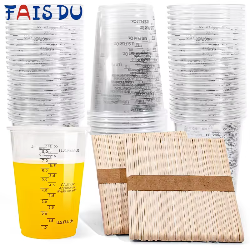 FAIS DU – tasses à mesurer jetables de 10oz, avec bâtons d'agitation, gobelets à mélanger en plastiq