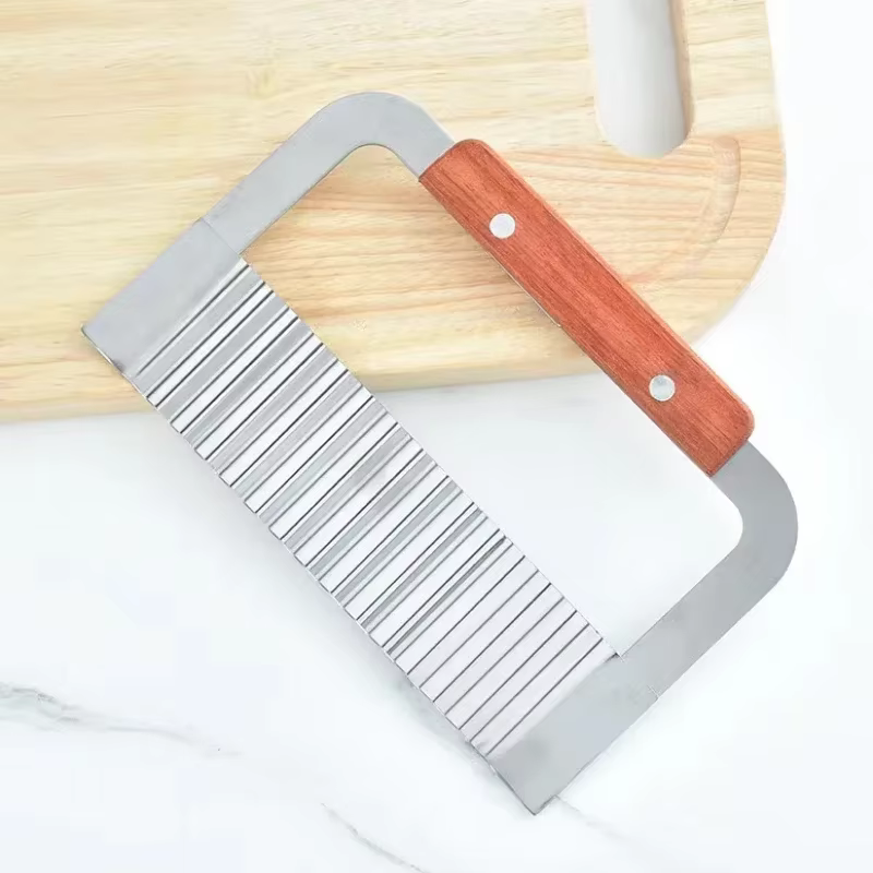 Couteau ondulé avec manche en bois en acier inoxydable, couteau à pommes de terre en dents de loup, 