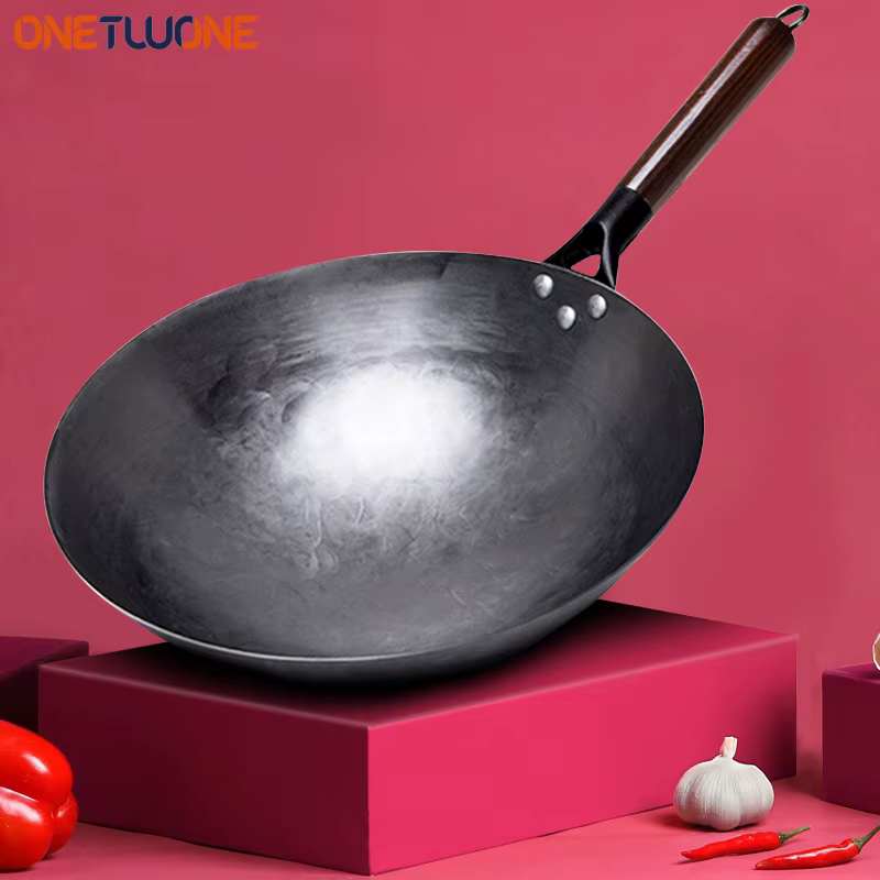 Wok traditionnel en fer, Woks sans revêtement forgé à la main pour poêle de cuisine manche en bois W