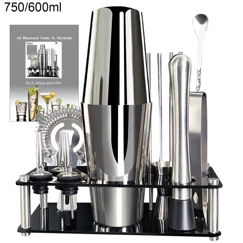 Ensemble de Shaker à Cocktail en Acier Inoxydable, Outils de Bar avec Support Noir, Shaker de 750ml,